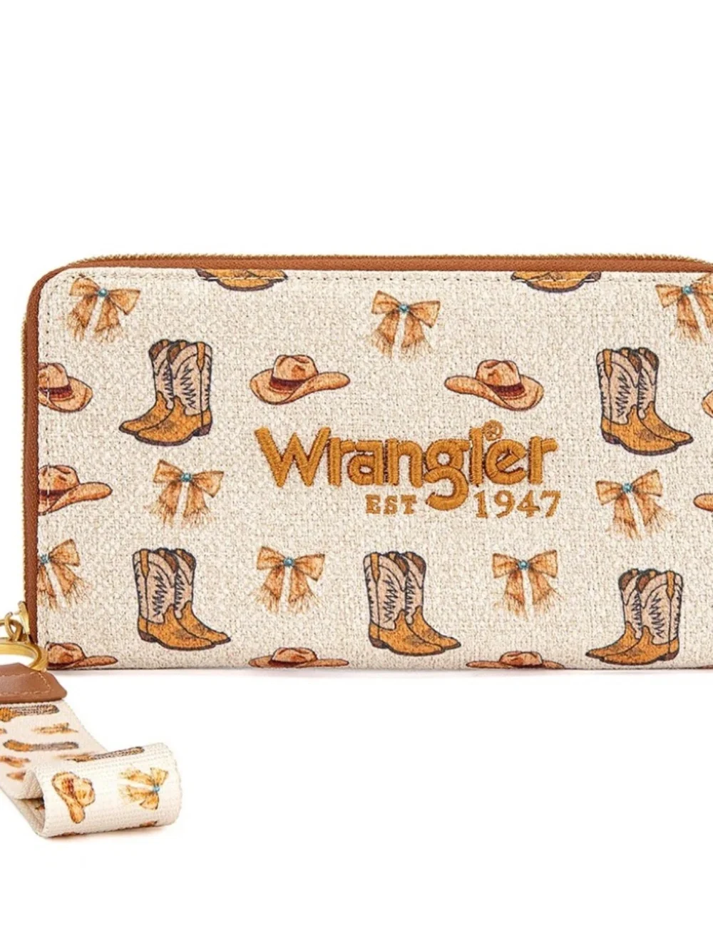 Wrangler Western Print RFID Blocking Zippered Wallet Tan